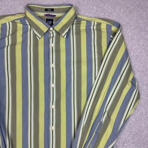 GAP Fitted Premium Mens Long Sleeve Striped Button Down Shirt Green Blue XL